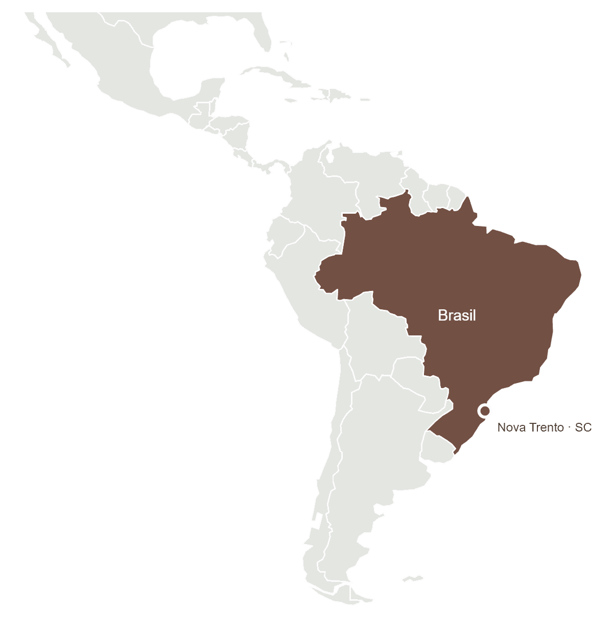 Mapa da América Latina com o Brasil destacado e a origem da Móveis Daniella em Nova Trento, Santa Catarina